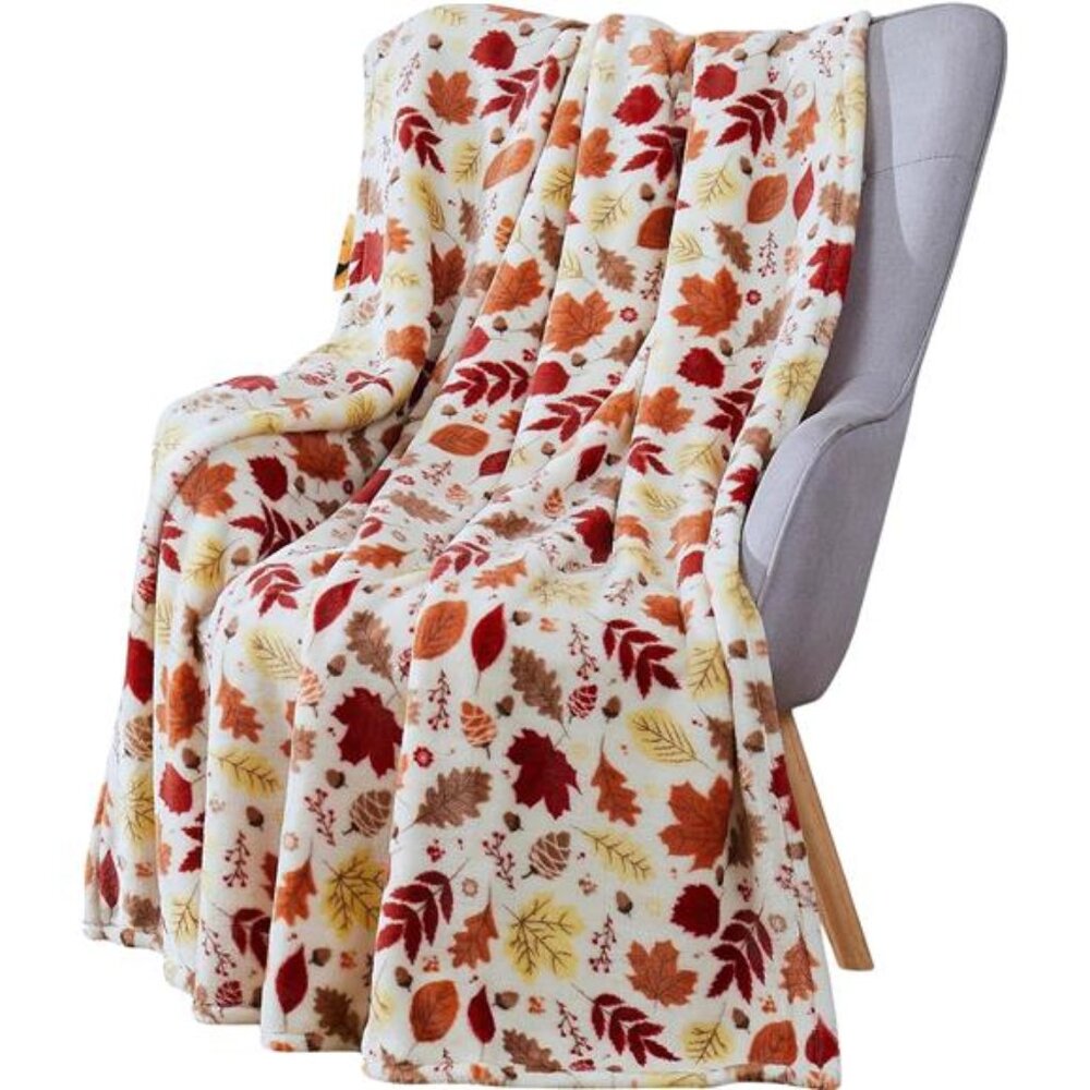 Fall Decor Throw Blanket - Soft &‎ Warm w/ Autumn Leaves in Red, Yellow, Brown,